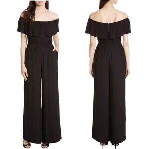 Alice + Olivia Air‎ Black Ruffle Off the Shoulder Stella Wide Leg Jumpsuit Sz 10